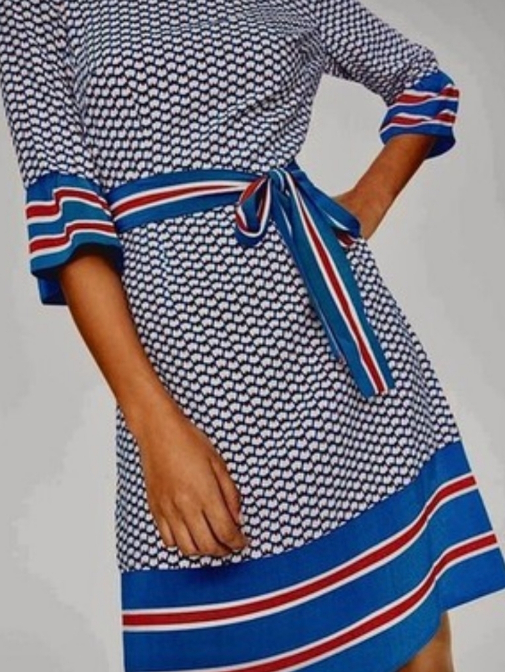 Boden Blue Floral Print Blouse with White and Red Details